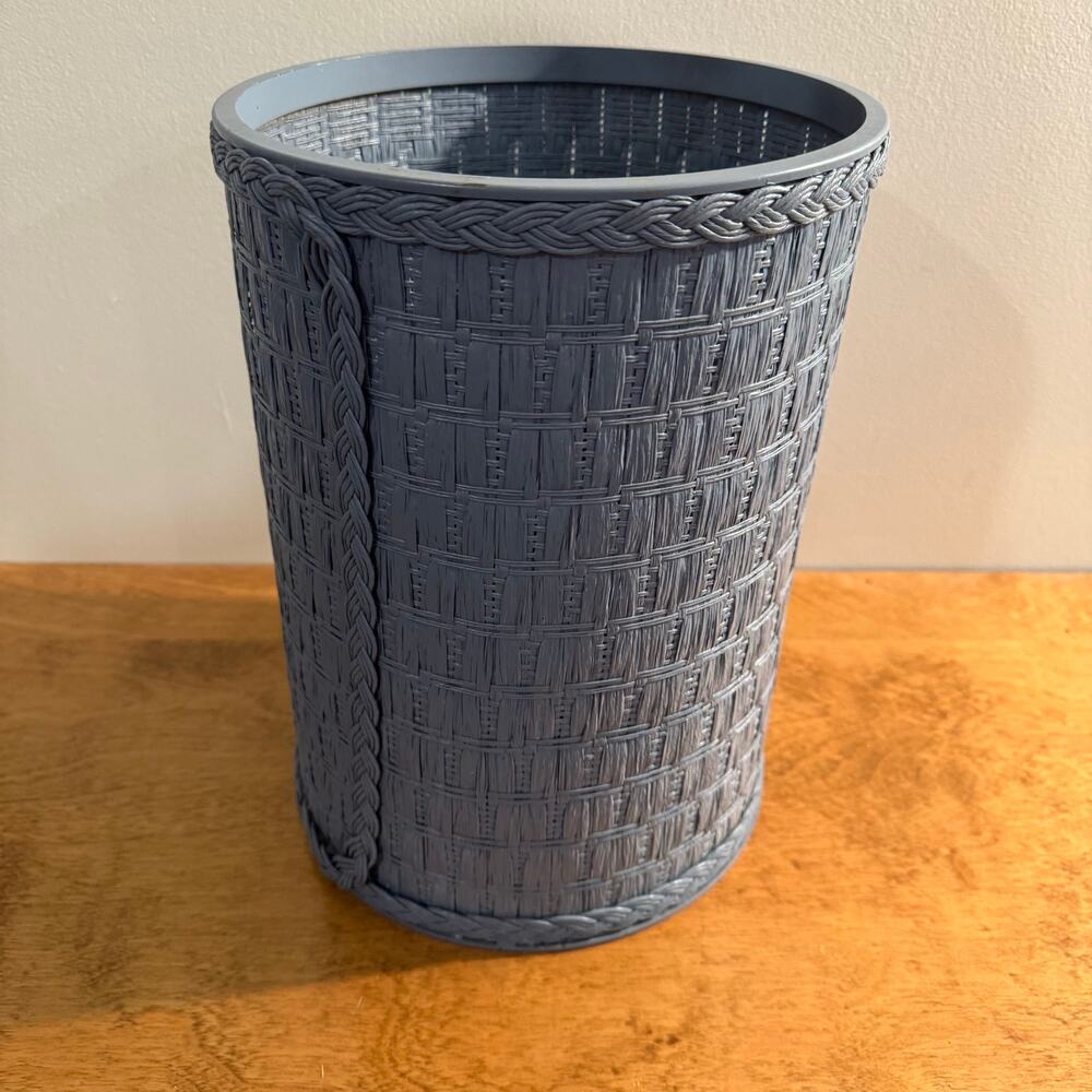 Vintage Blue Painted Woven Style Waste Basket Trash Can 12” by 8.5” - BUB